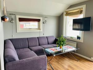 een woonkamer met een paarse bank en een tafel bij Northcape Nature Rorbuer - 2 - Balcony South in Gjesvær