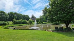 un estanque con una fuente en medio de un parque en Værelse, spiseområde, tv-stue og eget bad på landet en Kværndrup