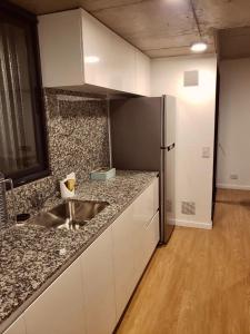 a kitchen with a sink and a refrigerator at Departamento en Refinería Alto Rosario III in Rosario