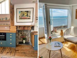 twee afbeeldingen van een woonkamer met uitzicht op de oceaan bij Bell Cliff House in Lyme Regis