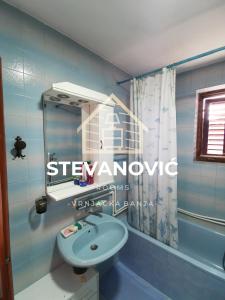 baño con lavabo y cortina de ducha en Stevanovic Smestaj, en Vrnjci