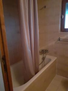La salle de bains est pourvue d'une baignoire avec rideau de douche. dans l'établissement Hotel Bergerie Chatel, à Châtel