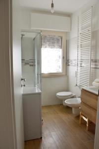ein Bad mit einer Dusche, einem WC und einem Fenster in der Unterkunft APPARTAMENTO NONNA SILVANA in Atessa
