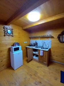 Il comprend une cuisine équipée d'une cuisinière blanche et d'un évier. dans l'établissement Hobby Vendégház, à Kiskunmajsa