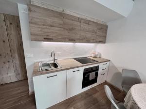 uma cozinha com armários brancos e um lavatório em Loft Malga Laghetto em Lavarone