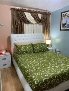 um quarto com uma cama verde e uma janela em Delightful House in the Heart of Legazpi, Albay. em Legazpi
