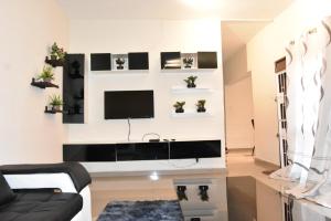 uma sala de estar com uma televisão de ecrã plano na parede em Specious Old Zamtel flats em Lusaka