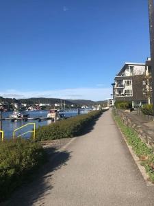 a walking path next to a river with boats at Stort hus i Porsgrunn sentrum med raskt, pålitelig internett og gratis parkering in Porsgrunn