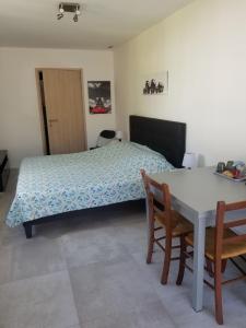 een slaapkamer met een bed en een tafel en stoelen bij Les Lauriers in Espondeilhan