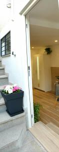 Road Sierra 95 Habitación privada con baño y zona de cocina في غرناطة: وعاء من الزهور على درج منزل