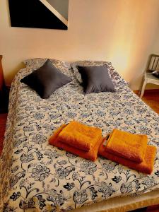 uma cama com dois cobertores e almofadas em Maison indépendante em Noyant-dʼAllier