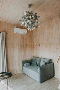 a living room with a couch and a chandelier at Silazari Klapkalnciems in Klapkalnciems