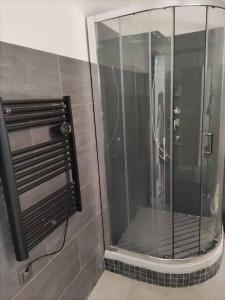 a shower with a glass door in a bathroom at Studio entre lac de Monteynard et Gresse-en-Vercors in Monestier-de-Clermont
