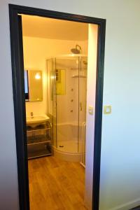 La salle de bains est pourvue d'une douche et d'une porte en verre. dans l'établissement Couleurs du Daumail, à Saint-Priest-sous-Aixe