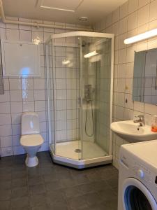 a bathroom with a shower and a toilet and a sink at Parken Terrasse Apartment Hotel in Kopervik
