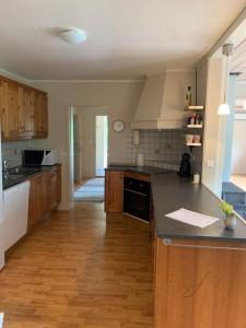 uma cozinha com armários de madeira e uma bancada em Feriehus med utsikt til fjord og fjell 