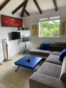 Sala de estar con 2 sofás y mesa de centro azul en Habitation Loumavi en Sainte-Rose