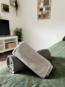 eine Decke auf einem Bett in einem Schlafzimmer in der Unterkunft La Suite Classic in Maubeuge