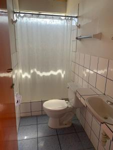 a bathroom with a toilet and a shower and a sink at Hostal El Amigo in Paracas
