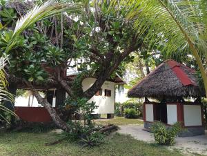 una casa con techo de paja junto a un árbol en La Tiaré île aux Nattes en Isla Santa María
