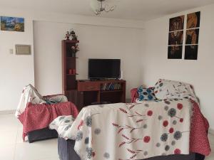 - un salon avec un lit et une télévision dans l'établissement WASYCHACUSCO, à Cusco
