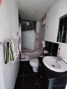La salle de bains est pourvue d'un lavabo, de toilettes et d'une douche. dans l'établissement WASYCHACUSCO, à Cusco