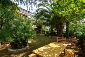 a wooden table and bench in a garden with palm trees at Apartments with parking space Medulin - 7657 in Medulin