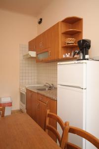Apartments by the sea Opatija - 7830 في أوباتيا: مطبخ مع ثلاجة بيضاء ودواليب خشبية