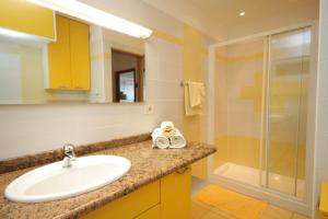 a bathroom with a sink and a glass shower at Apartments with a parking space Mali Losinj (Losinj) - 7998 in Mali Lošinj