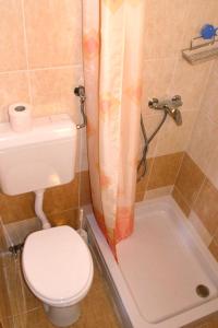 Un baño con inodoro y cortina de ducha. en Holiday house with WiFi Ustrine, Cres - 8037, en Ustrine