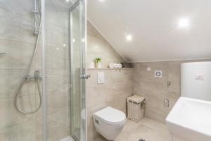 un bagno con wc e doccia in vetro di Seaside family friendly house with a swimming pool Brna - Vinacac, Korcula - 9266 a Prižba Altre 22 foto