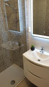 ein Bad mit einem Waschbecken und einer Dusche mit einem Spiegel in der Unterkunft Apartments by the sea Brna, Korcula - 9296 in Smokvica