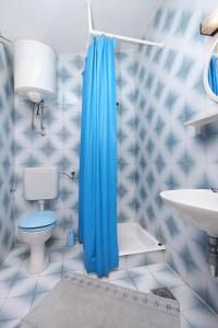 a bathroom with a blue shower curtain and a toilet at Apartment Prizba 9227b in Prizba