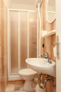 un bagno con doccia, WC e lavandino di Apartments and rooms by the sea Lumbarda, Korcula - 9305 a Lumbarda (Lombarda)