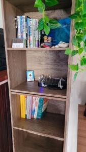 a book shelf with books and a toy on it at Océanos - Sunset, BBQ, Beach & Kayak - オケアノス in Ishigaki Island
