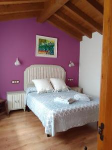 a bedroom with purple walls and a bed at CORRAL DEL PRAJONCILLO in Valdecasa