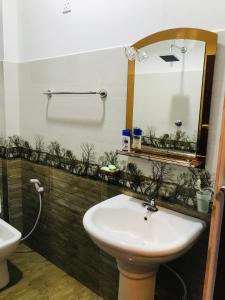 a bathroom with a sink and a mirror at Mirador Cottage in Bandarawela