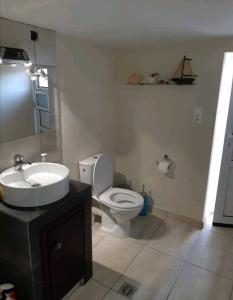 a bathroom with a white toilet and a sink at Orea Kaliva in Sfinárion