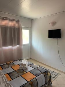 a bedroom with a bed and a flat screen tv at Vila Masco in Costinesti