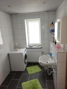 ein Bad mit einem Waschbecken, einem WC und einem Fenster in der Unterkunft Land,Wald und Wiese in Jürgenstorf
