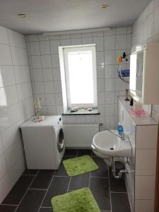 un bagno con lavandino, WC e finestra di Land,Wald und Wiese a Jürgenstorf