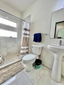 La salle de bains blanche est pourvue de toilettes et d'un lavabo. dans l'établissement Kentia 27, Residencial privado, accesible y cómodo, à Culiacán
