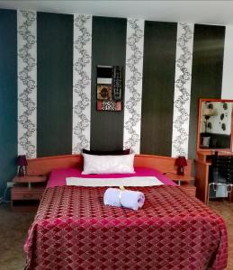 a bedroom with a large bed with a red blanket at Große Wohnung mit Terrasse im Altstadtzentrum - Ferienwohnung Chiplakoff in Blankenburg