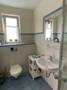 a bathroom with a toilet and a sink at Ferienhaus Mein Panama in Zingst