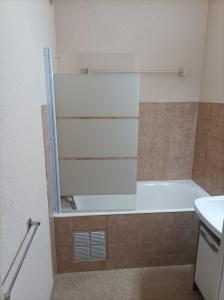 y baño con ducha, espejo y lavamanos. en Studio-cabine Résidence les Rennes en Prémanon