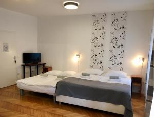 1 dormitorio con 2 camas y TV en la pared en Penzion Pod Lipo, en Liubliana