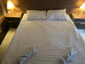 1 cama blanca grande con 2 almohadas y 2 lámparas en Apartman Uma en Sarajevo