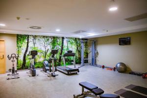 a gym with several tread machines and a large window at Hotel Gelmírez in Santiago de Compostela