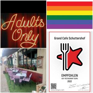 uma colagem de fotos de um restaurante e uma placa em Schuttershof Heerlen - Adults Only em Heerlen