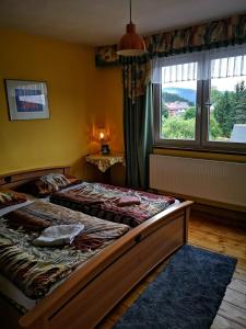 1 dormitorio con 2 camas y ventana en Gehlberger Landhaus am Schneekopf / Ferienwohnung en Suhl